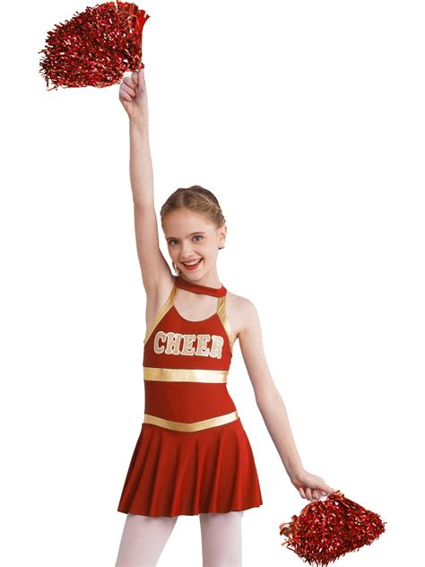 Dpois Kids Girls Shiny Cheerleading Dance Dress Outfit Cheer Leader