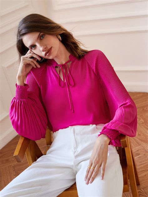 Hot Pink Elegant Collar Long Sleeve Woven Fabric Plain Top Embellished