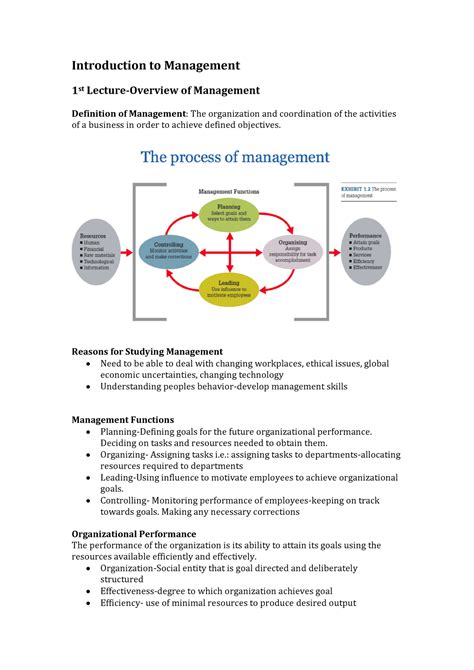 Lecture Notes Lectures 1 4 Introduction To Management 1st Of