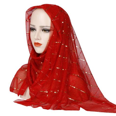 Muslim Hijab Women Shimmer Sequins Striped Long Shawl Scarf Headscarf