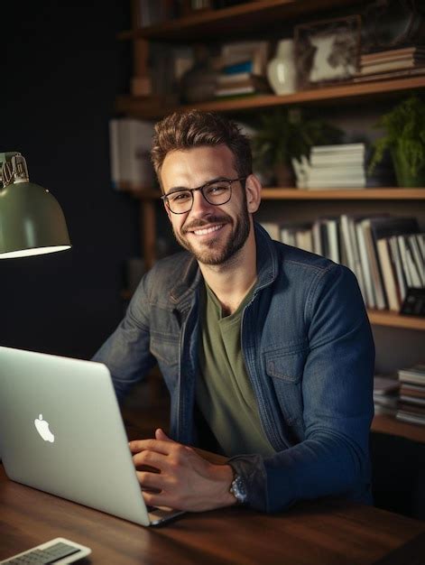 Premium Photo A Man Sitting At A Desk With A Laptop Computer