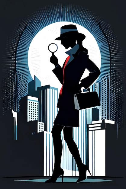 Female Private Investigator With Magnifying Glass In The City Premium