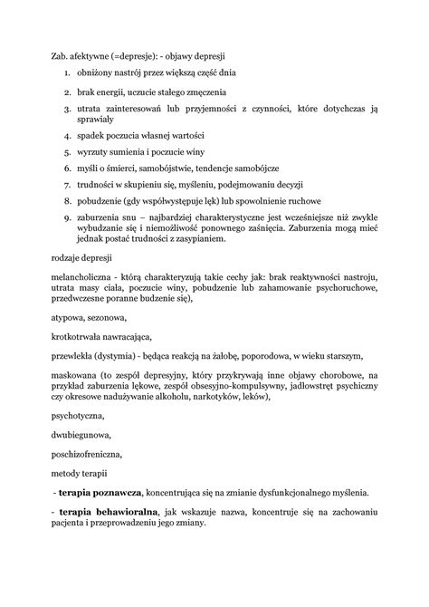 Psychologia Notatki Psychopatologia Zab Afektywne Depresje