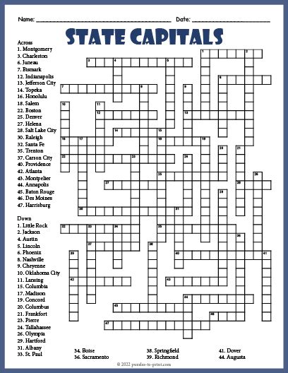 State Capitals Crossword