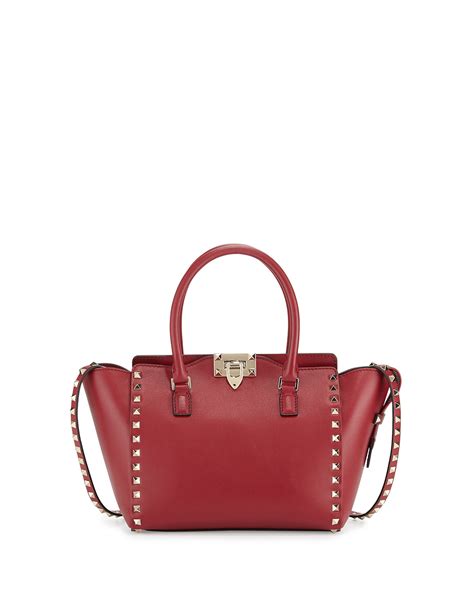 Lyst Valentino Rockstud Small Leather Shopper Tote Bag In Red