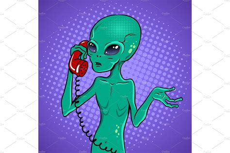 Alien Speaking On Phone Pop Art Vector Illustrator Graphics