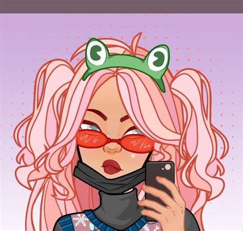 a woman with pink hair and red glasses holding a cell phone to her face ...