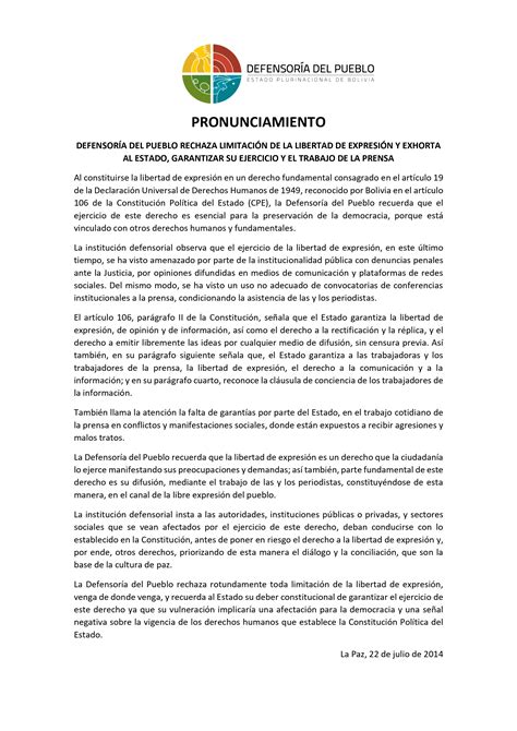 DefensorÍa Del Pueblo Rechaza LimitaciÓn De La Libertad De ExpresiÓn Y