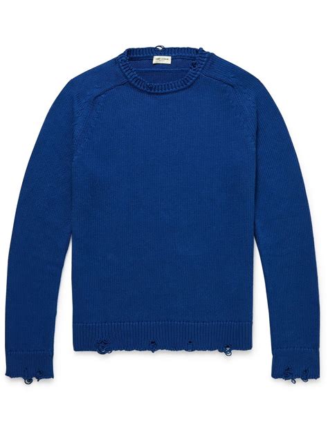 SAINT LAURENT Distressed Cotton Sweater Blue Saint Laurent