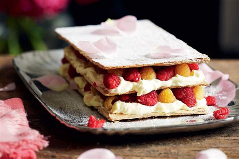 Raspberry Mille Feuille With Lemon Curd Cream And Rose Petals Recipe