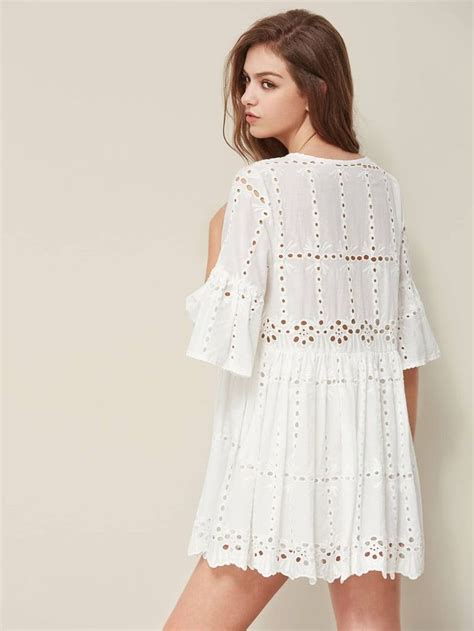 SHEIN Tie Neck Fluted Sleeve Eyelet Embroidered Smock Dress Boho Mini