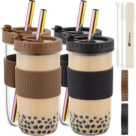 Reusable Boba Cup Bubble Tea Cup 4 Pack 24oz Wide Mouth Smoothie Cups