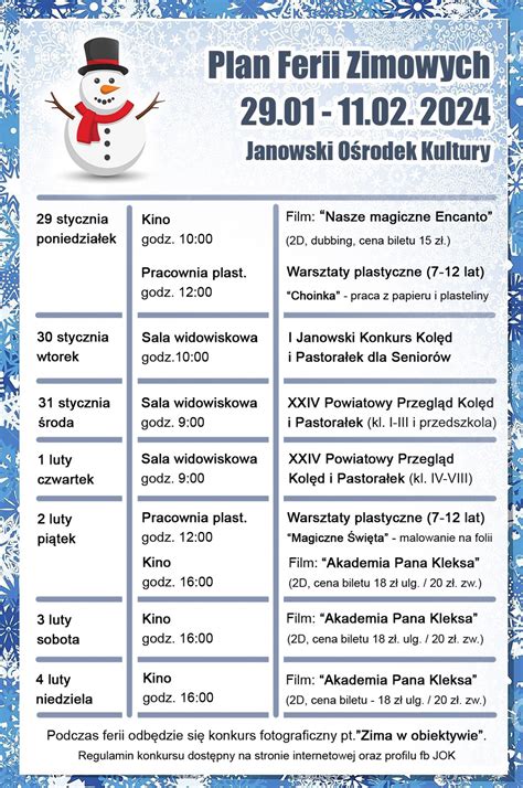 Plan ferii zimowych 2024 Janowski Ośrodek Kultury