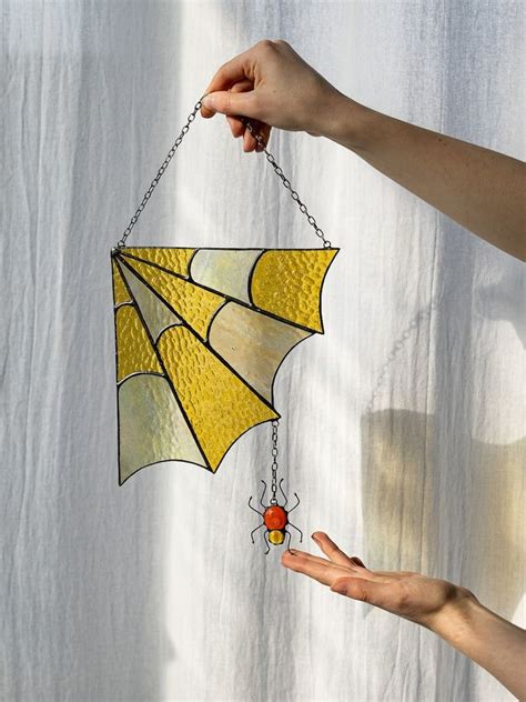 Stain Glass Spider Web Cobweb Net Suncatcher Yellow Home House Etsy