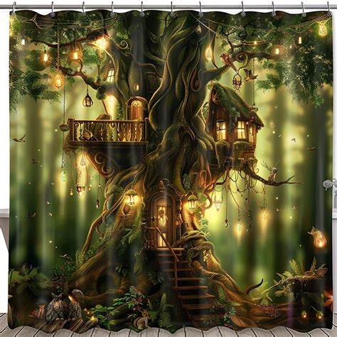 Enchanted Forest Fantasy Treehouse Shower Curtain Magical Woodland