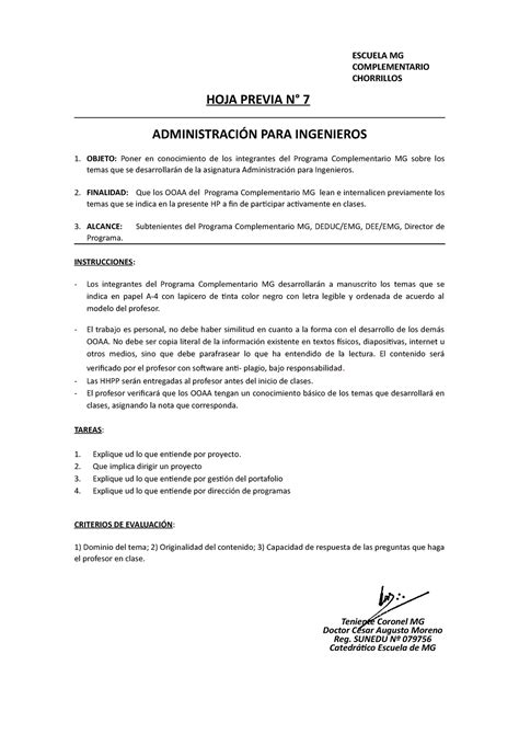 HOJA Previa 7 Administración PARA Ingenieros ESCUELA MG