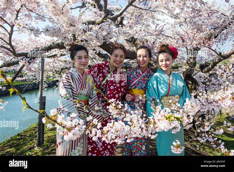 Mujeres Vestidas Como Las Geishas De Pie En El Florecimiento De Los