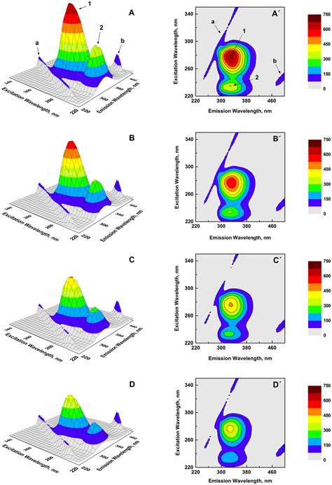 D Fluorescence Spectral Projections And Corresponding Contour Maps Of