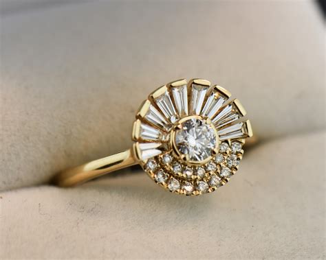 Modern Diamond "Rising Sun" Ring with Baguette & Round Halo