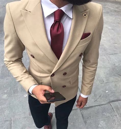 Beige Khaki Double Breasted Blazer Slim Fit Wedding Suits For Men