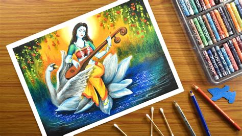 Maa Saraswati Oil Pastel Drawing How To Draw Saraswati Saraswati