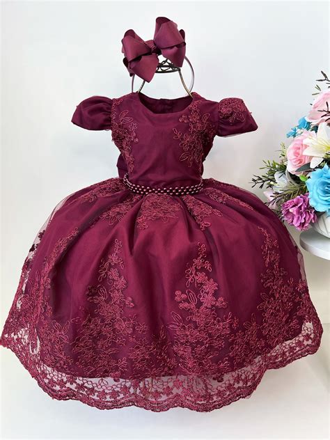 Vestido Infantil Marsala Renda e Cinto de Pérolas Luxo Rosa Charmosa