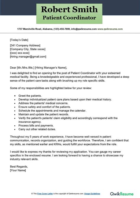 Patient Coordinator Cover Letter Examples Qwikresume