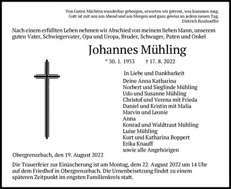 Traueranzeigen von Johannes Mühling Trauer HNA de