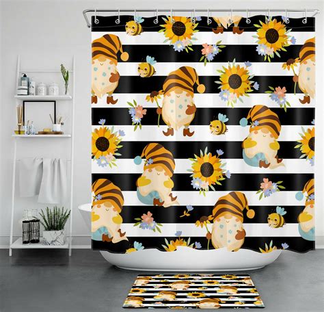 Inpercust Whimsical Bee Gnome Floral Shower Curtain With Playful Black