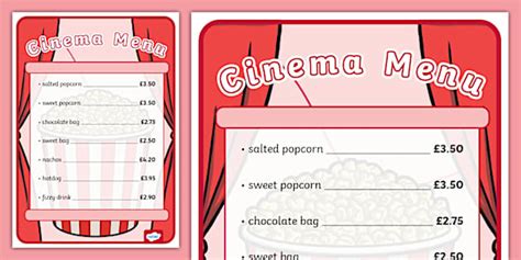 Role Play Cinema Menu Teacher Made Twinkl