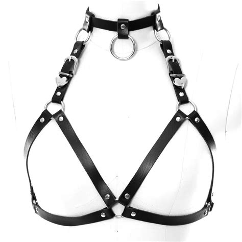 Chest Strap Bra Neck O Ring Leather Belts Women Top Black Harness