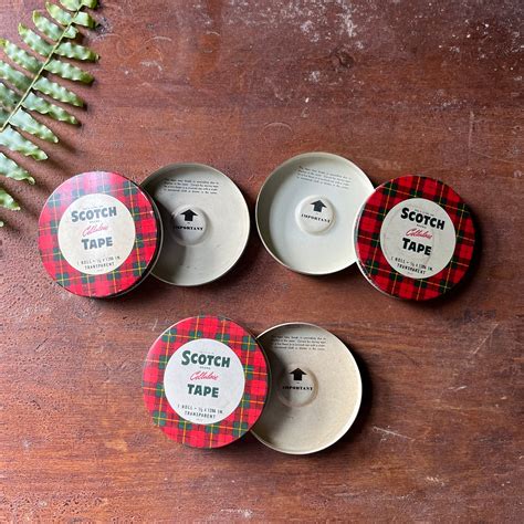 Trio of Vintage Plaid Scotch Brand Cellulose Tape Tins - Log Cabin Vintage