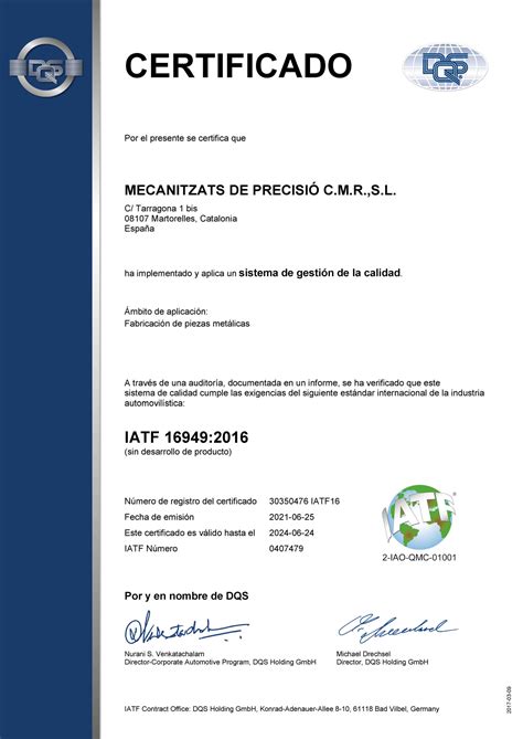 Certificado Iso E Iatf Mecanizados Cmr