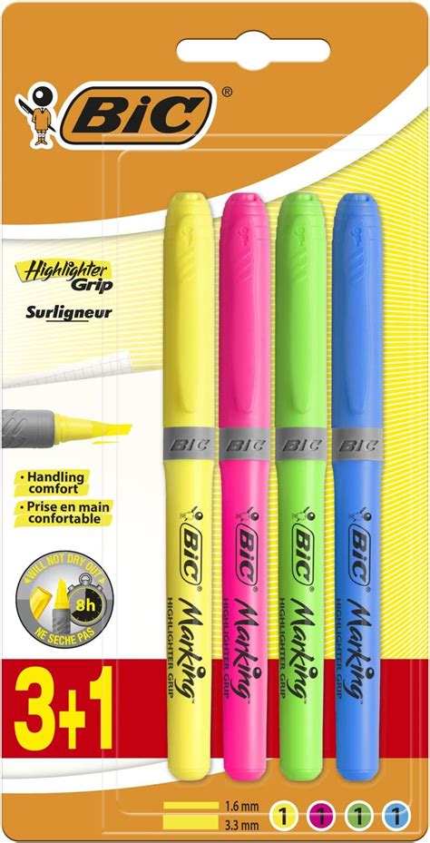 BIC Highlighter Grip Surligneurs Pointe Biseautée Couleurs Fluo