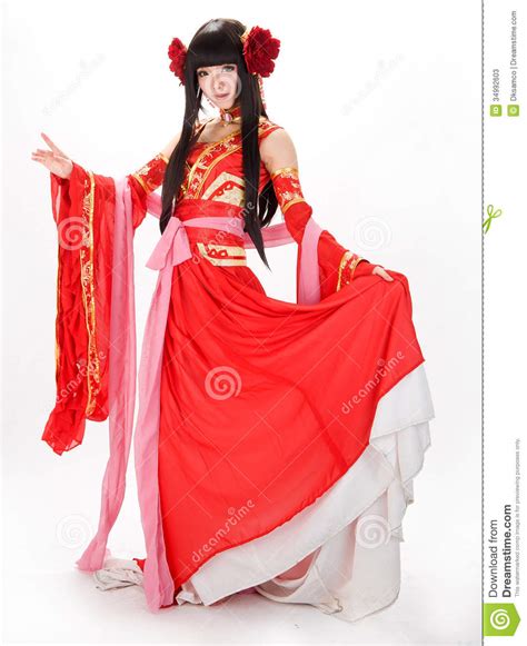 Fille De Style Chinois De L Asie Dans Le Danseur Traditionnel Rouge De