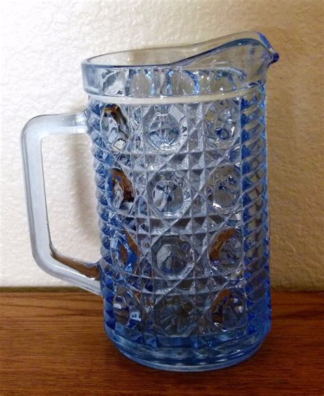 Federal Glass Windsor Blue Button And Cane Pitcher Creamer Pint Size 5 3 4 Ebay