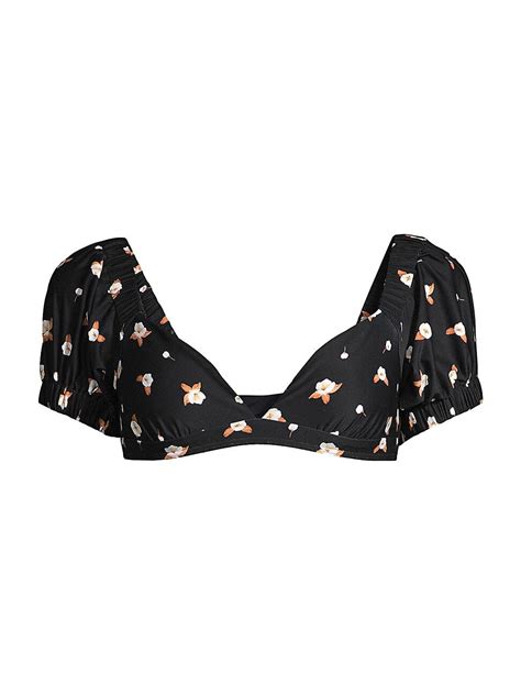 Buy Weworewhat Moe Floral Puff Sleeve Bikini Top Black At Off