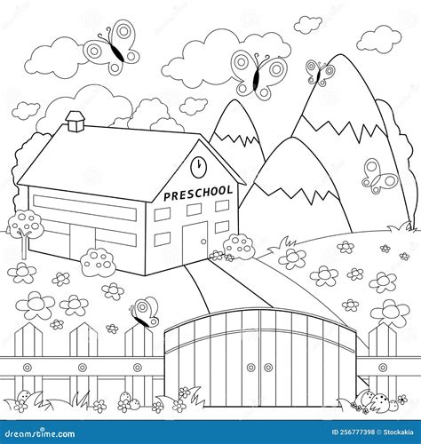 Preschool Building And A Wooden Fence Vector Black And White Coloring