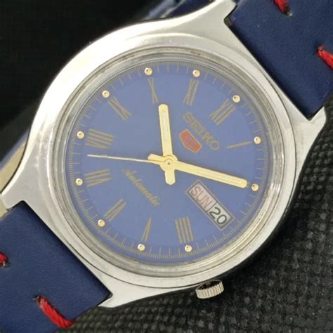 Vintage Seiko Automatic A Japan Mens Day Date Blue Watch H