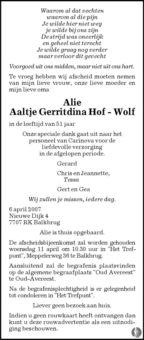 Aaltje Gerritdina Alie Hof Wolf 06 04 2007 Overlijdensbericht En