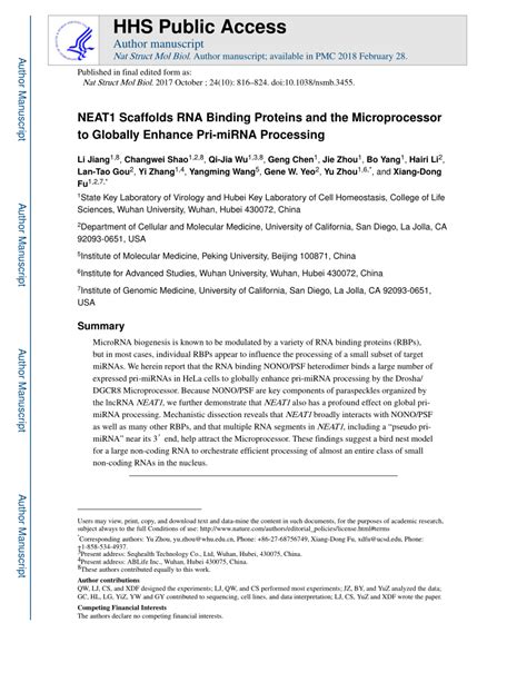 PDF NEAT1 Scaffolds RNA Binding Proteins And The Microprocessor To