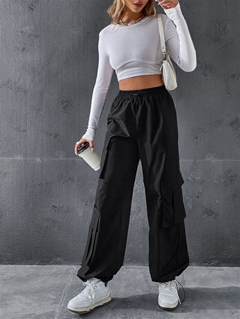 Shein Coolane Flap Pocket Drawstring Waist Parachute Cargo Pants For