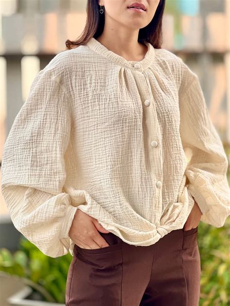 Muslin Double Gauze Band Collar Blouse Crepe Cotton Loose Fit Shirt