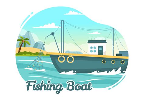 Fishing Boat Illustration With Fishermen Hunting Fish Using Ship For