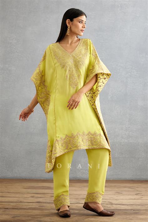 Buy Torani Yellow Silk Crepe Gul Mina Aaira Embroidered Kaftan And Pant