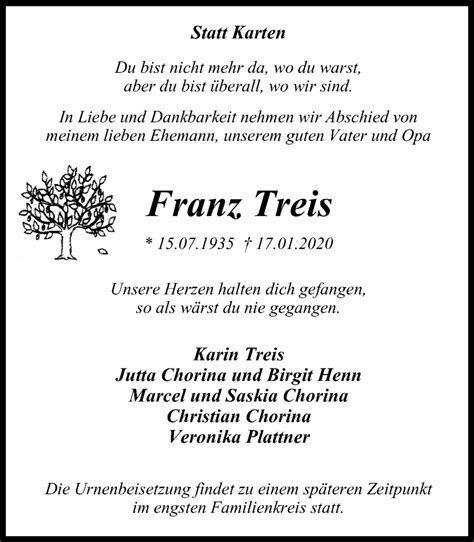 Traueranzeigen Von Franz Treis Trauer In NRW De