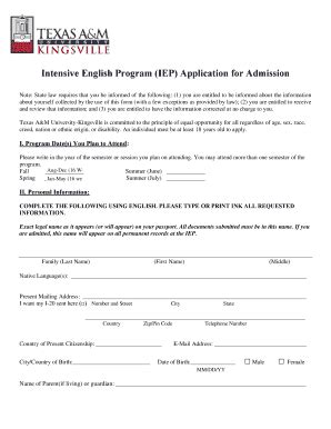 Fillable Online Tamuk Intensive English Program IEP Application For