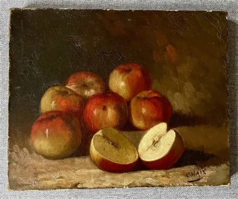 Tableau Ancien Huile Sur Toile Nature Morte Pommes Fruits Sign