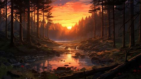 Premium AI Image | Beautiful Anime Sunset Scenery Forest Forest