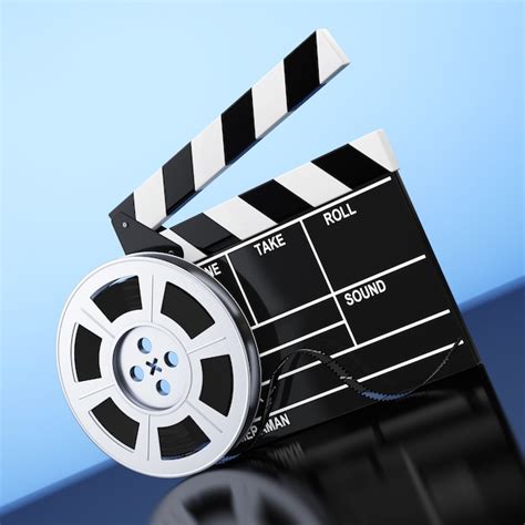 Premium Photo Film Reel With Cinema Tape Near Clapboard On A Blue